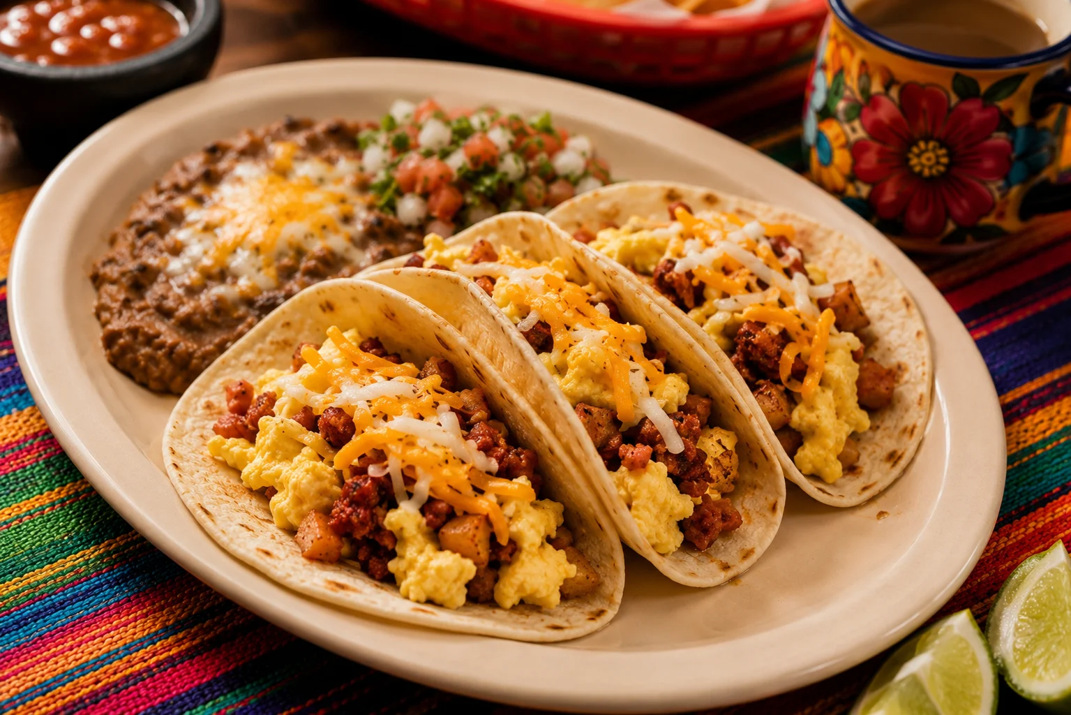 Fresh breakfast tacos with eggs and savory fillings