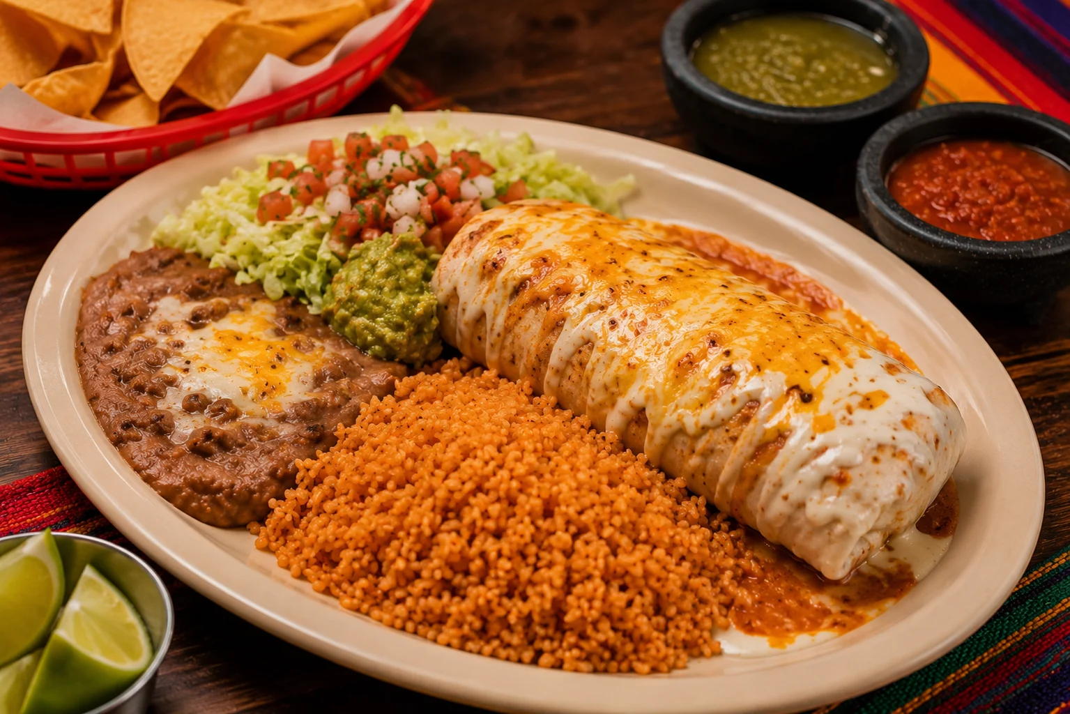 Hearty Jalisco burrito plate served with rice and beans