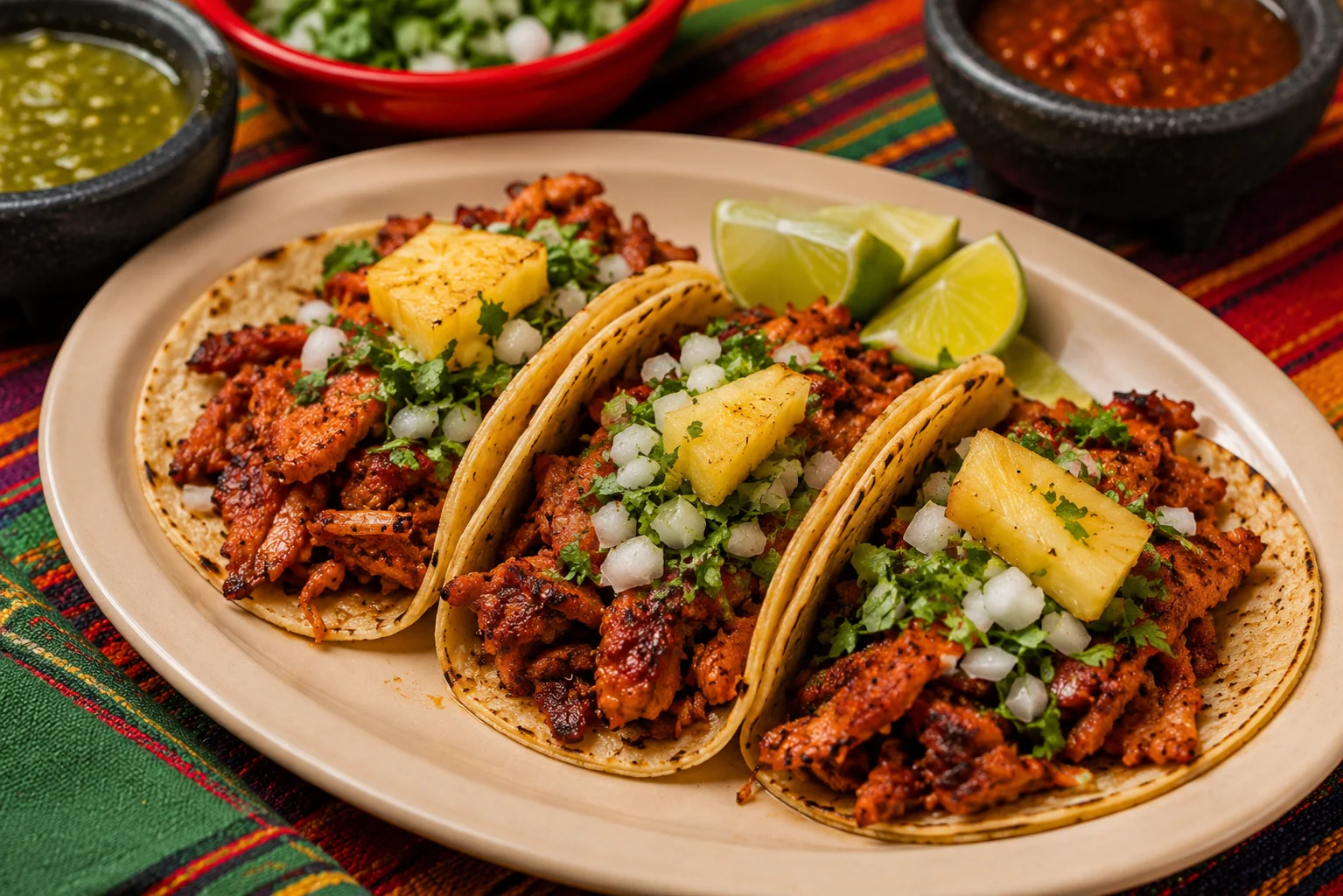Al pastor street tacos with onion, cilantro and vibrant sides