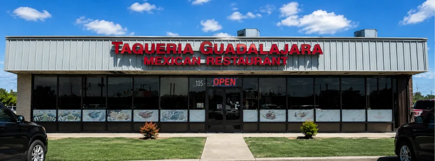 Exterior of Taqueria Guadalajara Mexican Restaurant in Courtyard Plaza, New Braunfels, TX