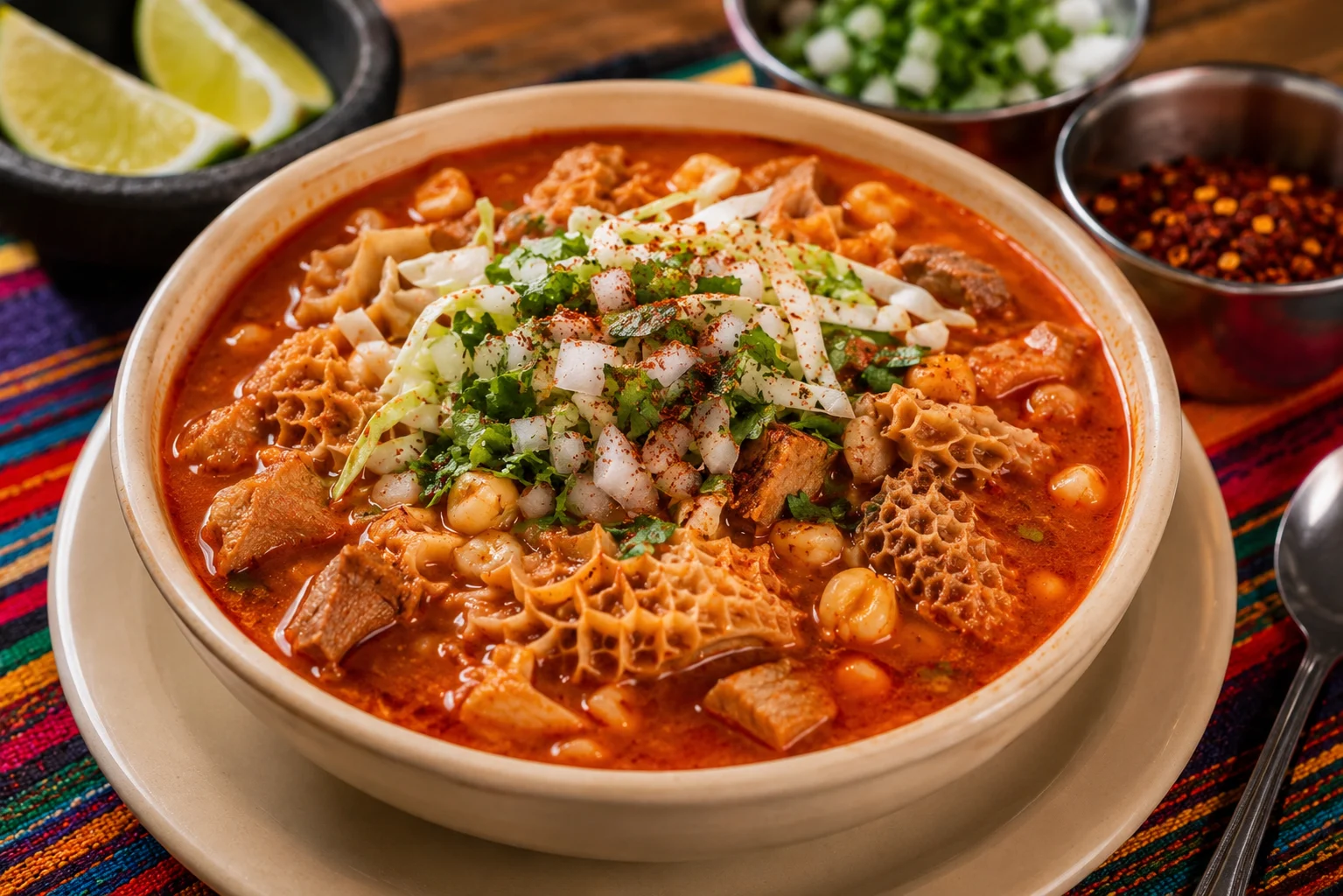 Bowl of menudo with fresh garnishes of onion, cilantro and lime